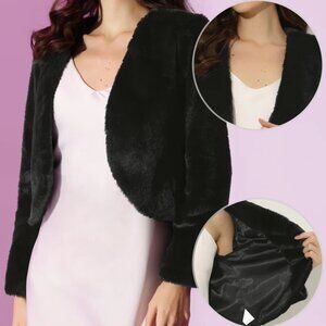 Faux Fur Long Sleeve Open Front Bolero Winter Coat Cropped Jacket